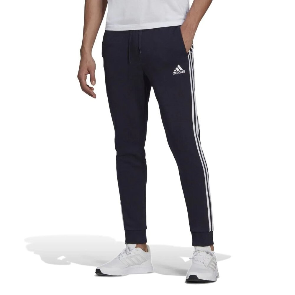 Adidas Men's Essentials Fleece Tapered Cut 3 Stripe Cuffed Pants Blue Large